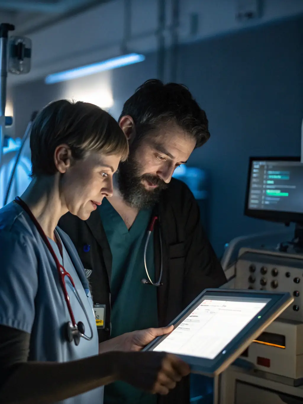 An image of a healthcare team collaborating around a computer with workflow charts, showing improved efficiency and compliance.
