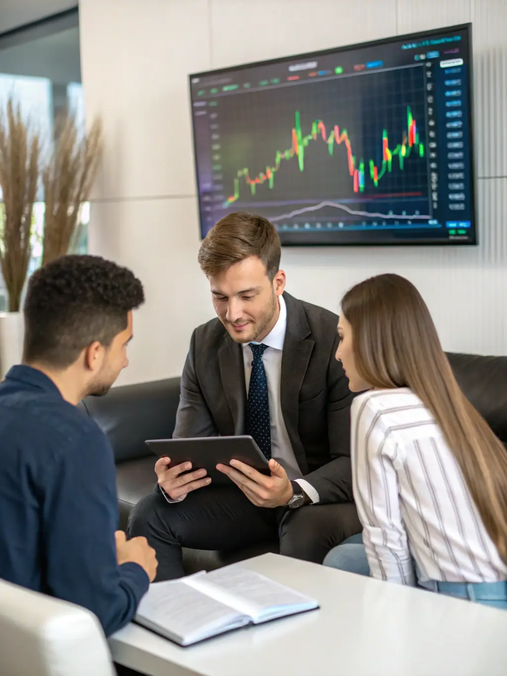 An image of a financial advisor reviewing financial statements with a physician in an office setting, highlighting key financial metrics.