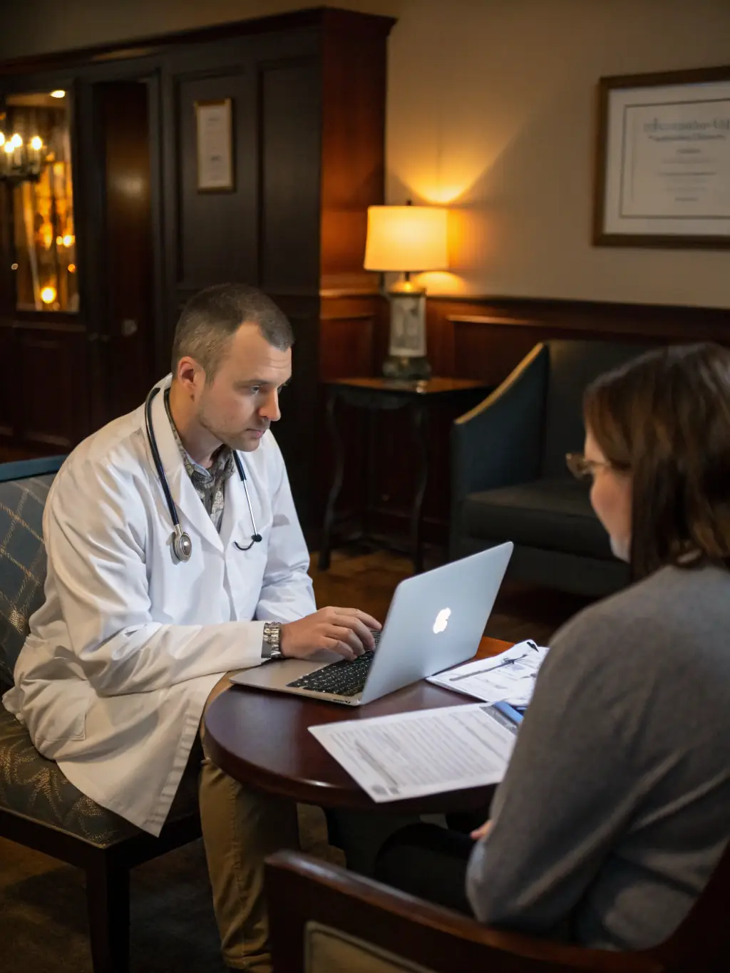 A doctor in a well-lit office, reviewing strategic plans with a consultant, both smiling and engaged in a positive discussion.
