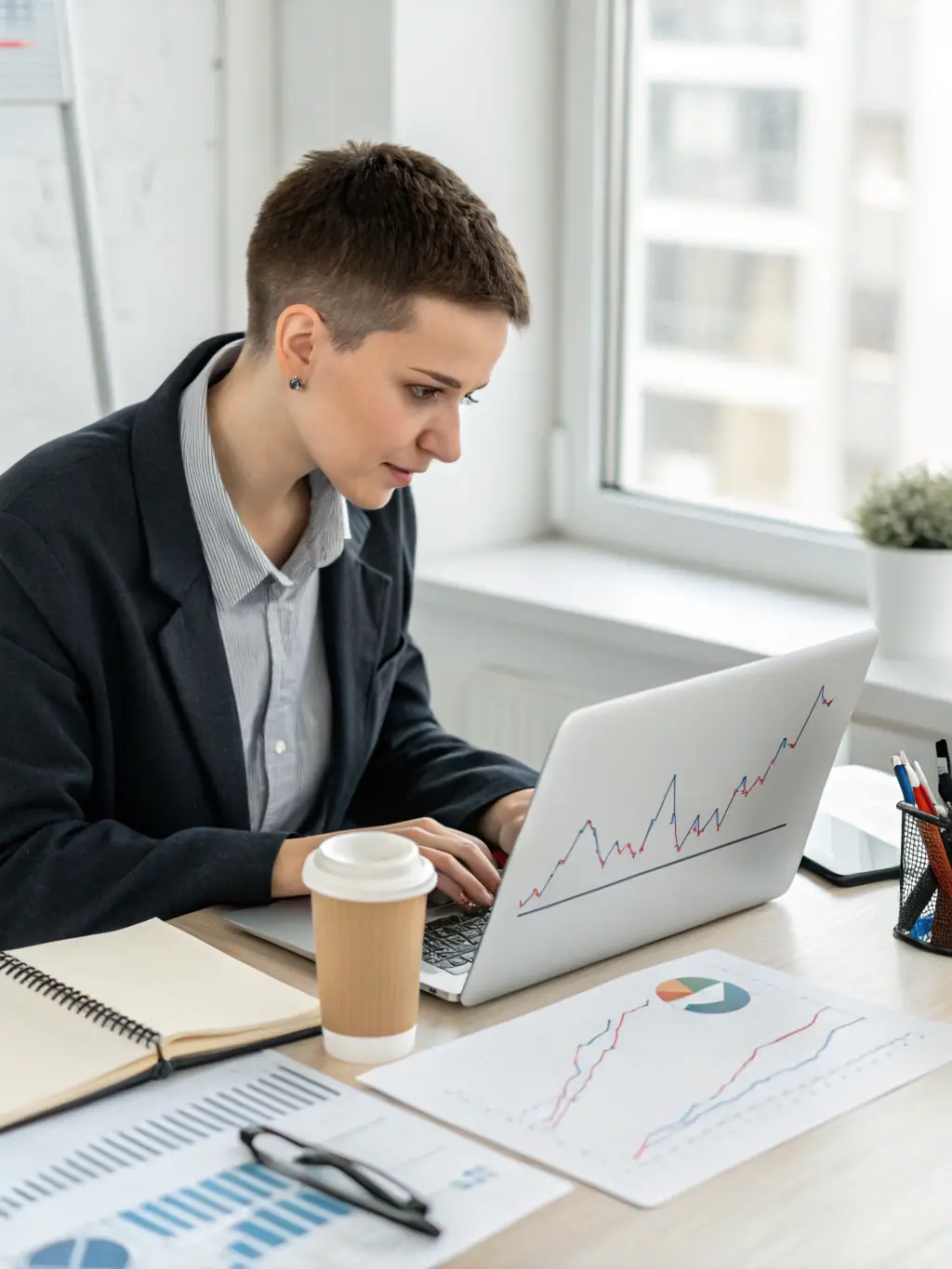 A consultant analyzing financial data on a laptop, with charts and graphs visible, in a modern office setting.