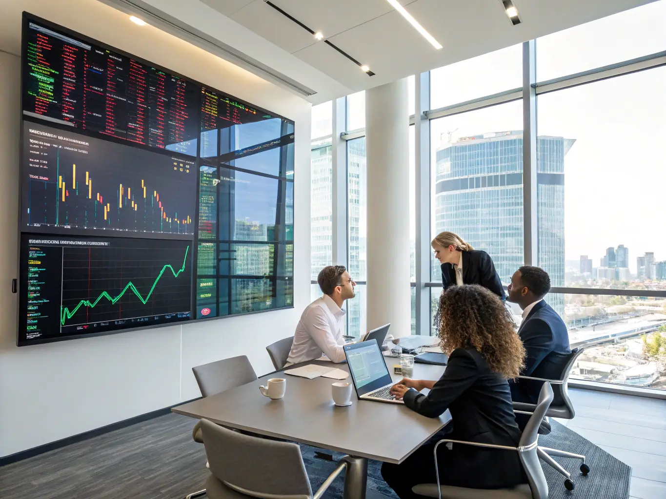 A financial consultant is analyzing financial data with a physician, highlighting key performance indicators on a dashboard. The scene conveys trust and expertise in financial management.