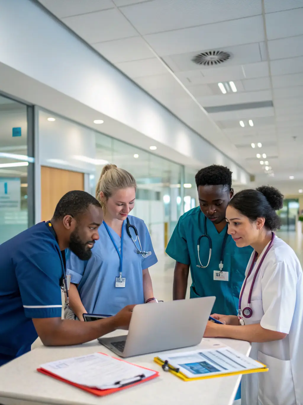 A diverse group of healthcare professionals collaborating on patient care strategies in a modern medical office.
