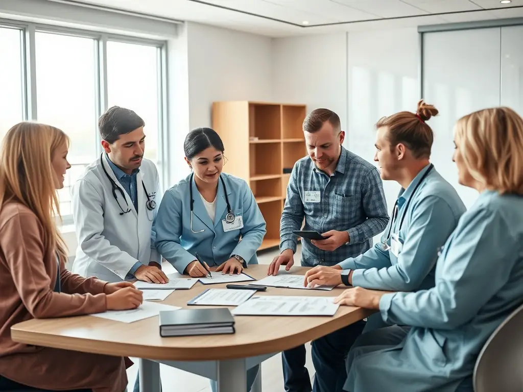 A team of consultants is working with a physician and their staff, streamlining daily practice activities and improving workflow in a medical office. The image emphasizes efficiency and compliance.