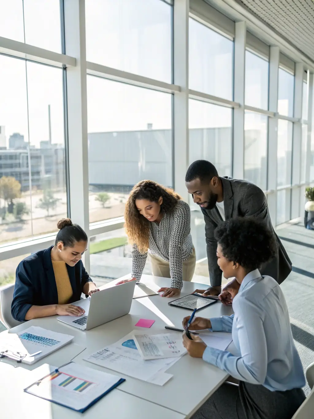 A diverse team of Independent Physician Consultants employees collaborating in a modern, open-plan office space, fostering teamwork and innovation.